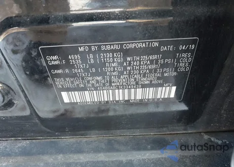 2019 Subaru Outback 2.5I из США, поврежденный, VIN 4S4BSABC1K3349438